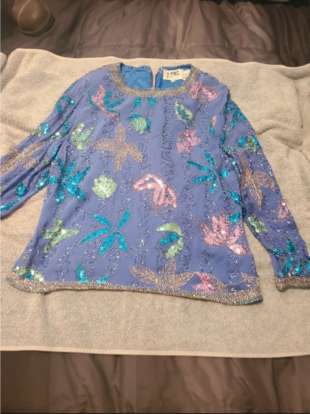 Vintage Sequin Floral Lavender Blouse with Multicolor Embroidery